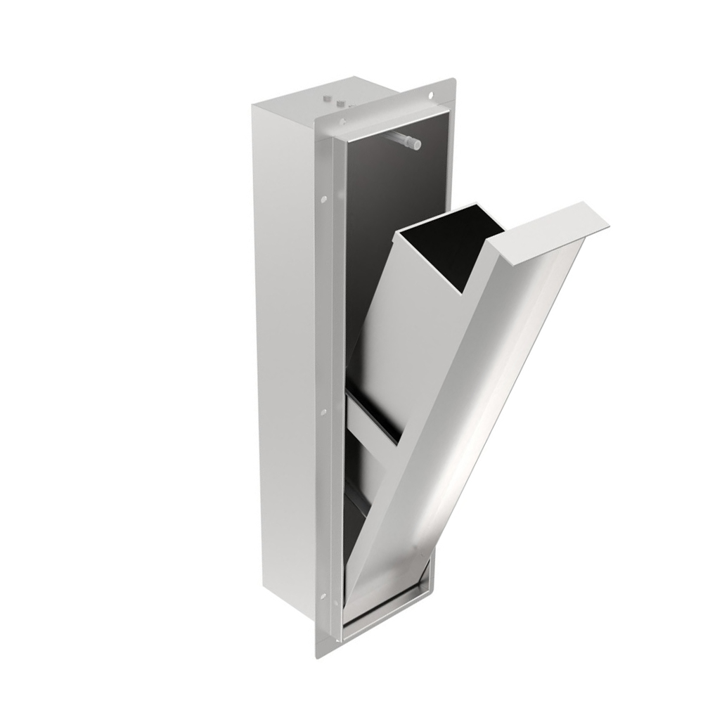 Recessed bathroom trash can angled open door design